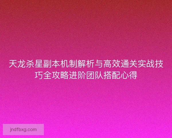 天龙杀星副本机制解析与高效通关实战技巧全攻略进阶团队搭配心得